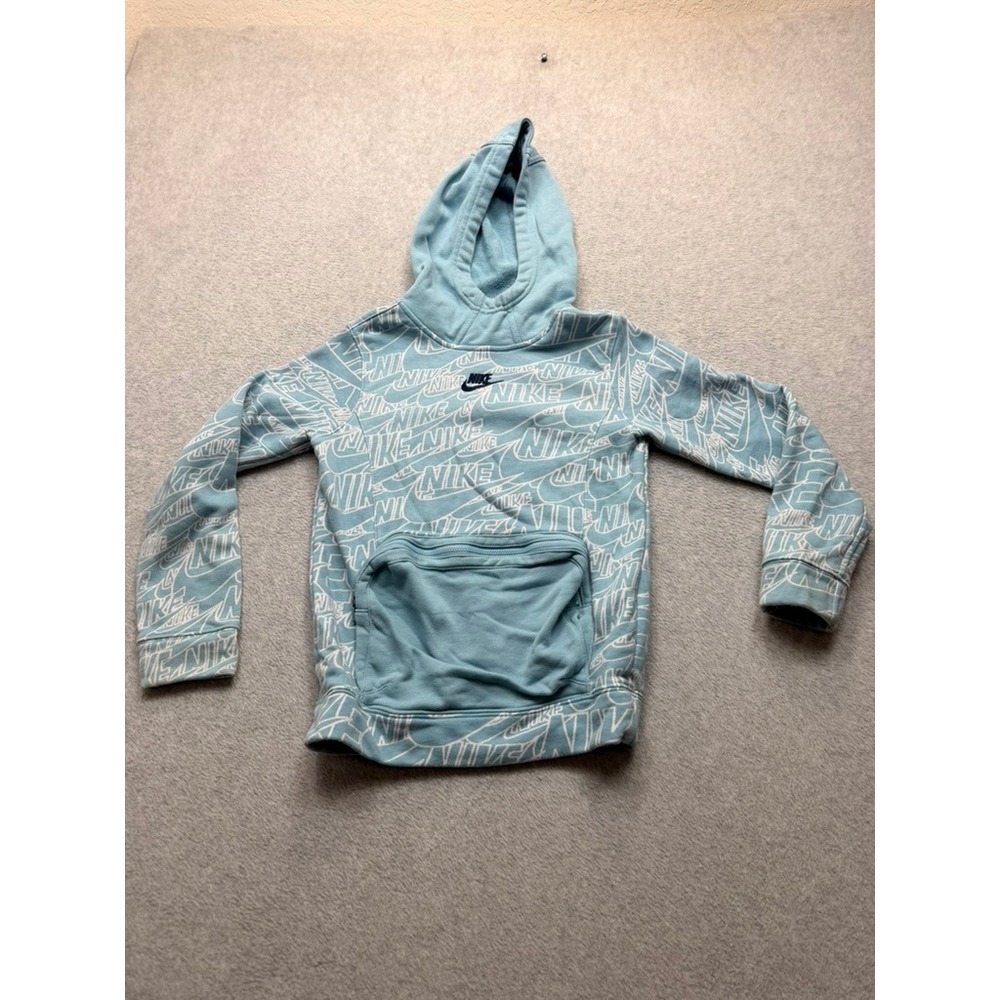 Nike Women Light Blue All Over Print Logo Zippered Pocket Pullover Hoodie Size S